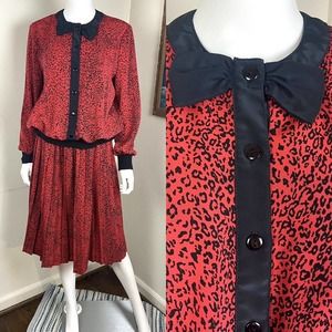 Vintage 80s Red Leopard Bow Secretary Midi Dress Pleated M Medium 1980s